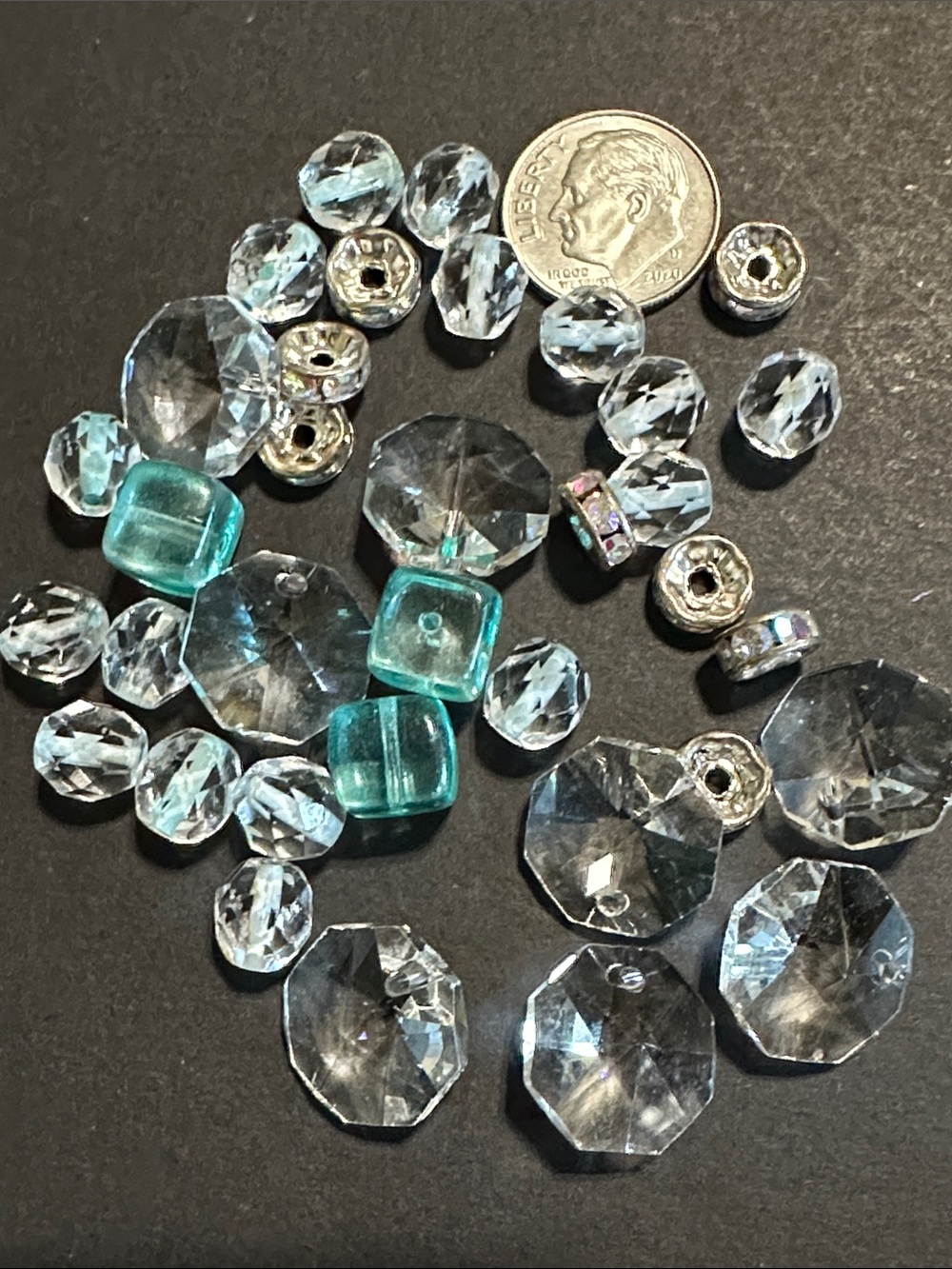 5.  Loose Glass Beads & Silver Tone Spacers With AB Rhinestones